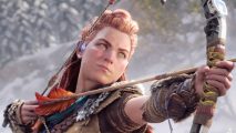 Horizon Forbidden West review: Aloy aiming a bow and arrow.