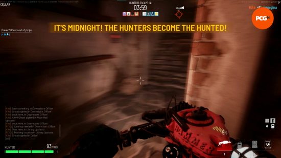 Midnight hits in Midnight Ghost Hunt, and a hunter holds up there weapon as the text "The Hunters become the hunted" appears at the top of the screen.
