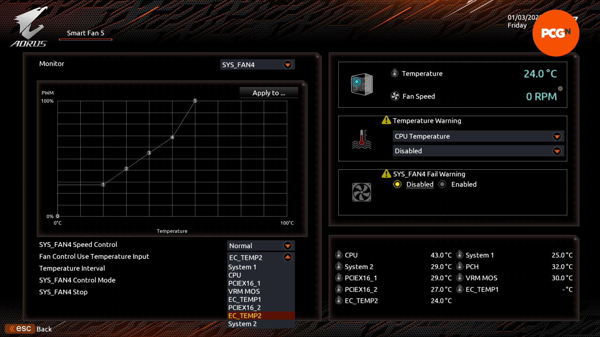 How to set fans and pumps to respond to coolant temp: Gigabyte EFI thermal probe input