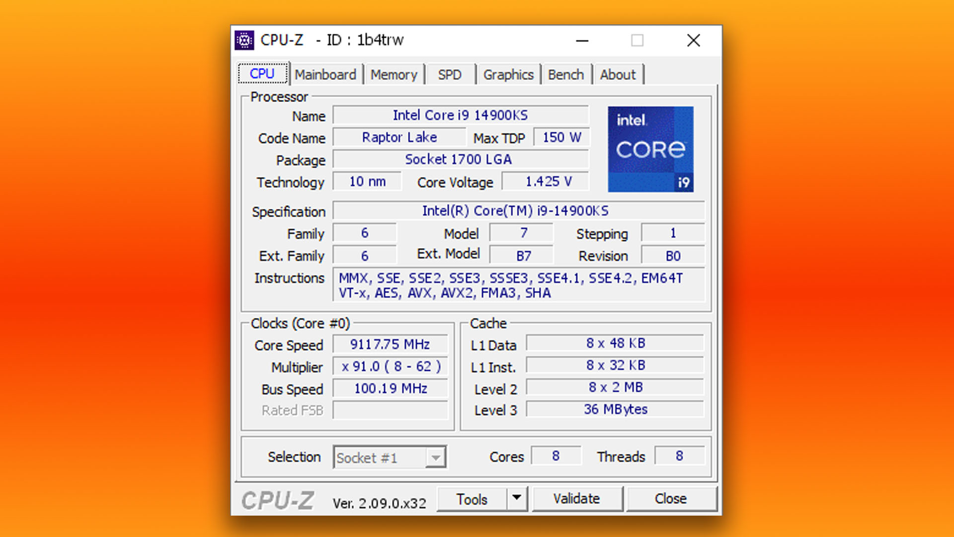Captura de pantalla de CPU-Z con overclock de helio líquido Intel Core i9 14900KS