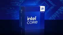 A digital rendering of the Intel Core i9 14900KS retail box against a blue background