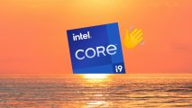 An Intel Core i9 logo, waving, as it passes beyond the horizon on a sunet sea