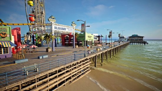 InZOI release date: Bliss Bay, one of the cities that populate the InZOI map, its boardwalk and carnival rides reminiscent of Santa Monica.