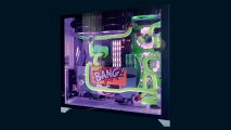 The joker gaming PC with green hard tubing and purple lighting