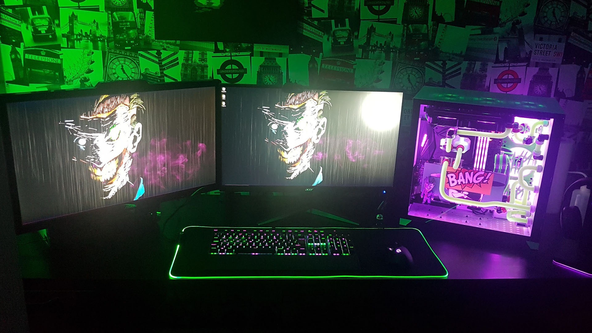 The full setup for the joker gaming PC with two monitors