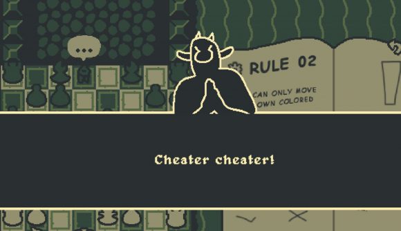 King of the Bridge Steam: a message reading "cheater cheater!" with a green troll above it