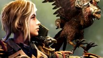 Last Epoch patch notes 1.02 nerfs Falconer and Warlock to save servers - A woman holds out her arm for an armored bird to land on.