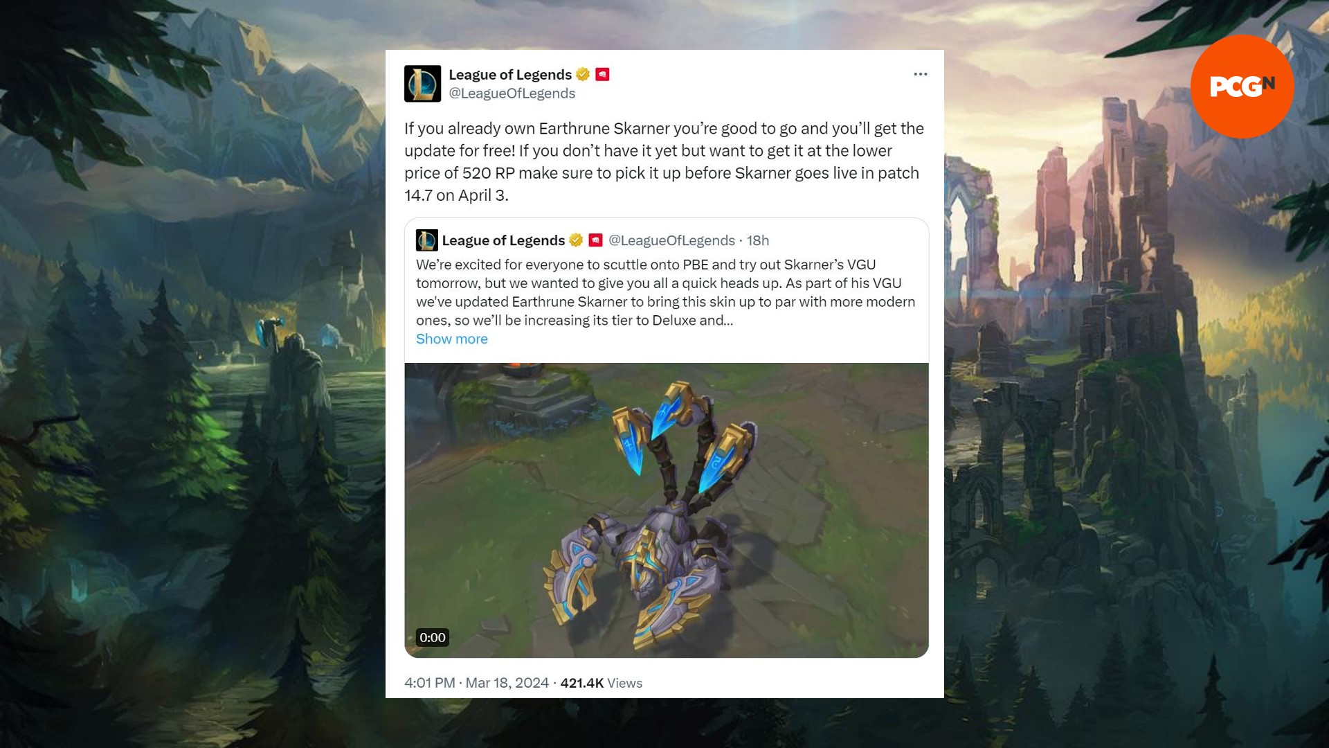 Publicación de AX/Twitter de la cuenta de League of Legends que analiza el precio de Earthrune Skarner después de su VGU