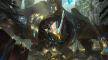 One of Skarner's skins now costs more in League of Legends: A golden scorpion creature with blue inlays in a ruined area with grass and a blue sky