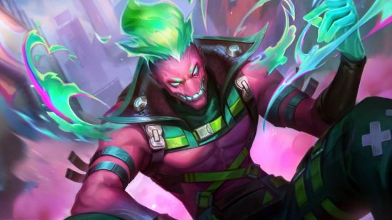 A pink-skinned creature with green fire for hair wearing a high collared, futuristic jacker sits, conjuring blue flame in its hand