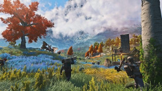 A community of players comes together to construct a settlement amid a colorful open landscape following the Light No Fire release date.