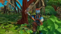A Lightyear Frontier character harvesting wood.