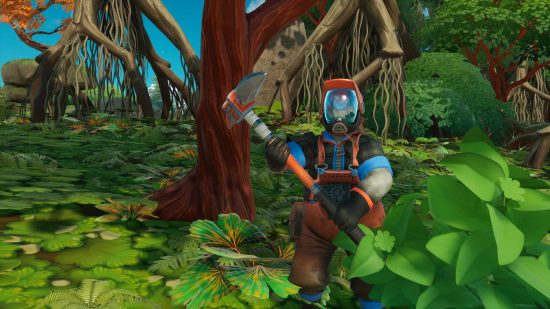 A Lightyear Frontier character harvesting wood.