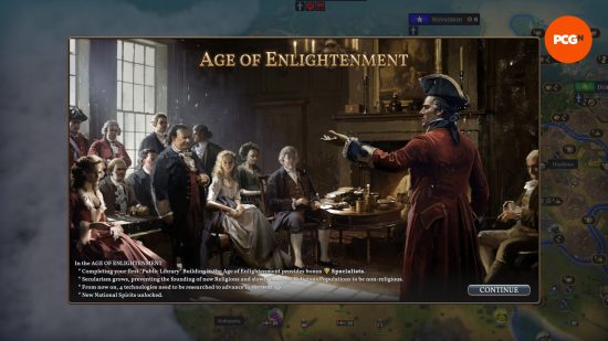 Millennia review: a pop-up notification detailing the Age of Enlightenment.