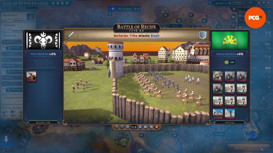 Millennia review: a pop-up message flagging a barbarian attack.