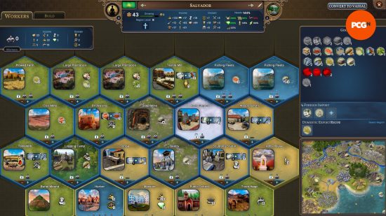Millennia review: screenshot of a city and its various plantations, mills, and farms.