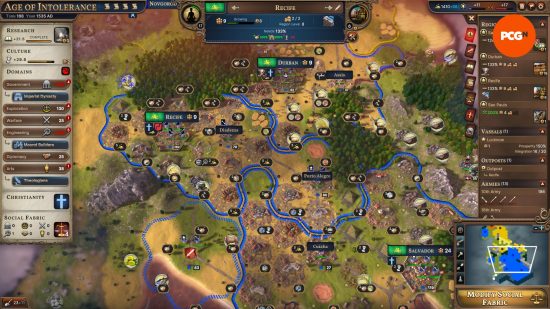 Millennia review: screenshot of the mid-game experience featuring a busy map filled with icons.
