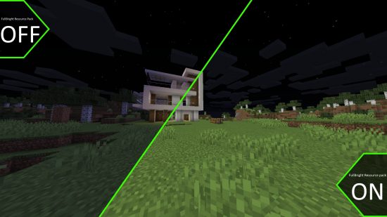 A two-sided image shows the difference between vanilla graphics and Fullbright, one of the best Minecraft texture packs.
