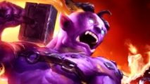 Dicefolk and Monster Train Steam sale bundle - A purple demon roars as he prepares to swing a hammer.