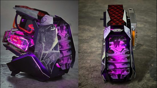 The front and side of the purpleNaruto gaming PC
