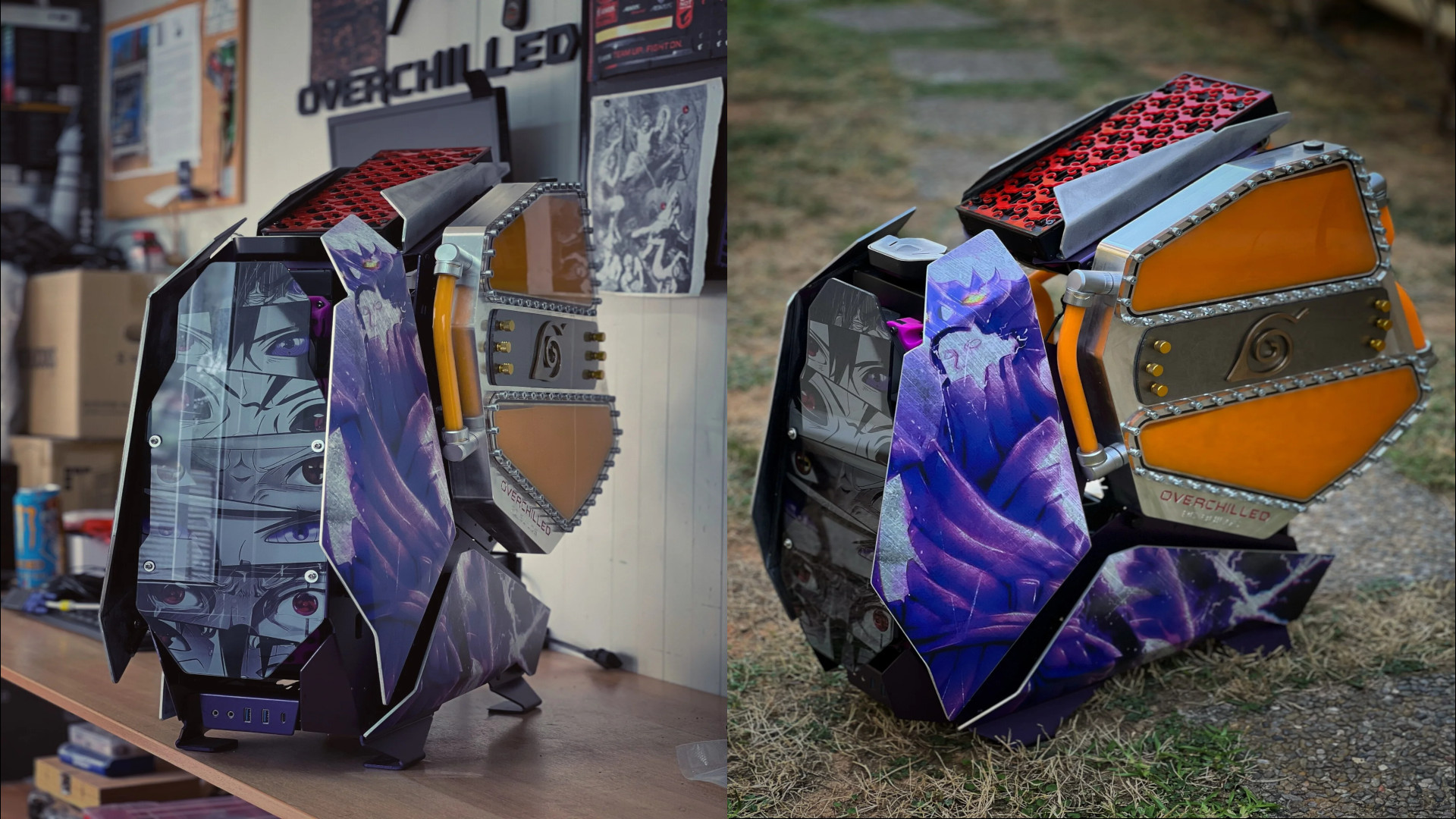 The side by side view of the Naruto gaming PC which is orange and purple