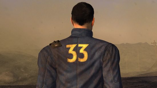The back of a player shows the number 33 on their Vault Suit, inspired by the Fallout TV Series, in one of the best Fallout New Vegas mods.