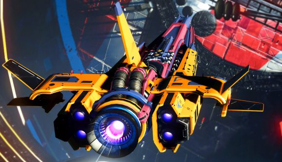 No Man's Sky Orbital update adds its most requested feature ever - An orange spaceship flies towards a giant structure in the space sandbox from Hello Games.