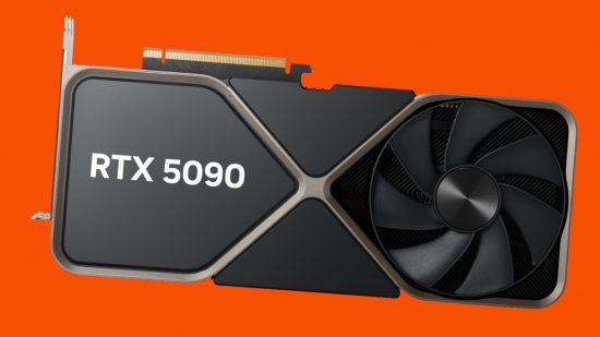 An Nvidia GeForce RTX Founders Edition graphics card, with the text 'RTX 5090' imposed on its faceplate