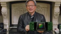 An image of Nvidia CEO Jensen Huang, in which he is holding a Steam Deck tinted green