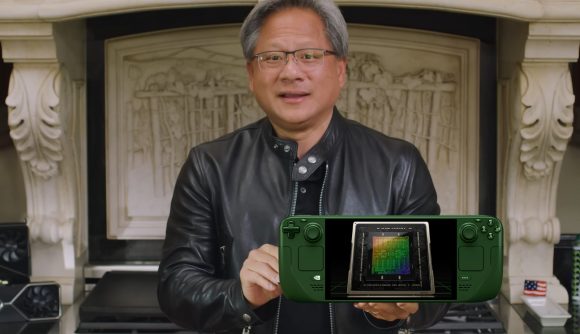An image of Nvidia CEO Jensen Huang, in which he is holding a Steam Deck tinted green