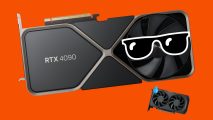 An large Nvidia RTX 4090 graphics card wearing sunglasses towers over a much smaller RX 7600 with a water droplet on its corrner