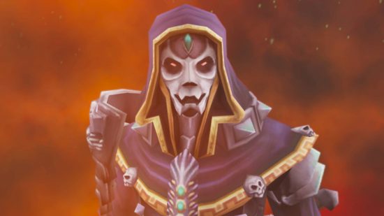 OSRS devs will make choices players won't like, but for "good reason": A skeletal figure in a purple hooded cloak with red eyes stares into the camera, fiery smog surrounding him