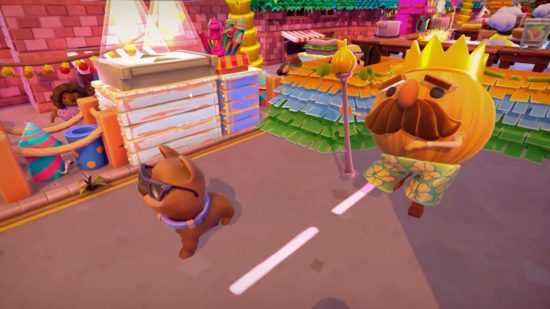 Overcooked 2 Steam sale: an onion king walking a dog with sunglasses