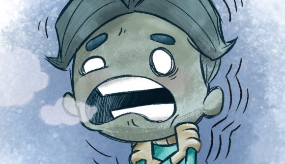 Oxygen Not Included will get new, paid DLC - A cartoon figure shivering in the cold, fog coming out of their mouth.