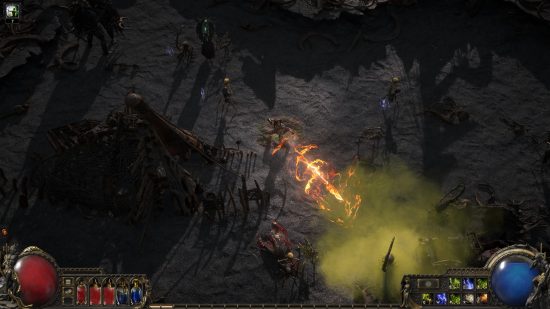 Path of Exile 2 Ranger - the character draws back a bow and unleashes a flaming arrow towards an enemy in a cloud of toxic green gas.