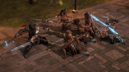 Path of Exile Necropolis - The player fights a group of warriors.