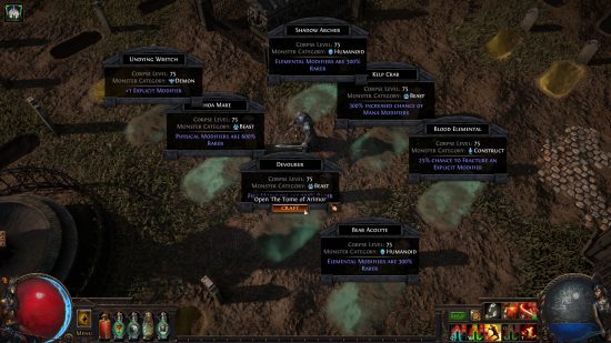 Path of Exile Necropolis - Multiple corpses are buried in a graveyard, each offering a crafting bonus to the player.
