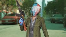 Payday 3 new CEO: a person in a trenchcoat holding an assault rifle with a blue and red mask on