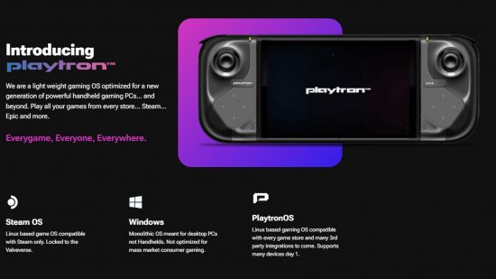 a mockup of the playtron handheld with descriptions for the gaming libraries it will work with and comparisons to windows and Steam OS
