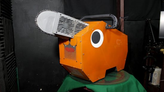 A Pochita-themed gaming PC with a chainsaw sticking out