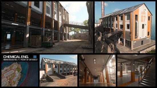 Multiple views of Chemical Engineering, one of the best POIs in the new Warzone Rebirth Island map.