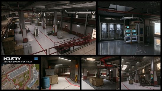 Multiple views of Industry, one of the best POIs in the new Warzone Rebirth Island map.