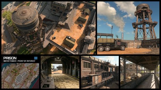 Multiple views of the Prison, one of the best POIs in the new Warzone Rebirth Island map.
