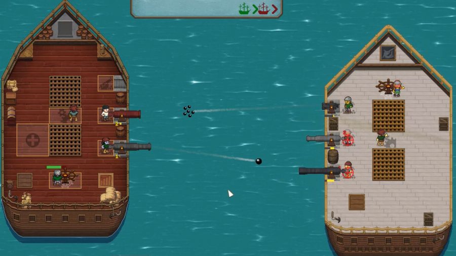 Reclaim the Sea - Two pirate ships fire cannons at each other.