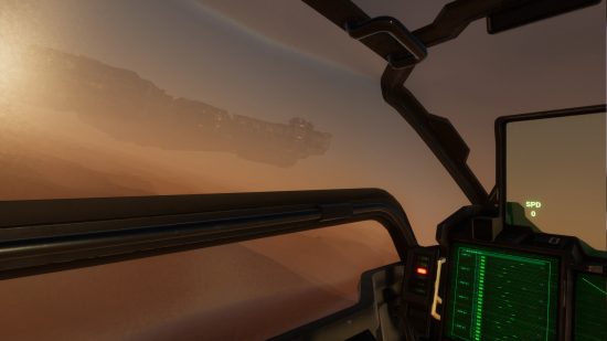 Restprotokoll – Ein Gameplay-Screenshot, der den Blick aus dem Inneren eines Schiffscockpits zeigt, wo in der Nähe ein riesiger Schlachtkreuzer zu sehen ist.