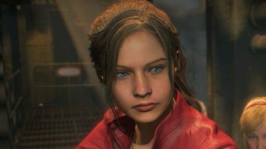 Resident Evil 2 fixed camera mod: a young woman with parted brown hair, a determined look on her face, and a red leather jacket
