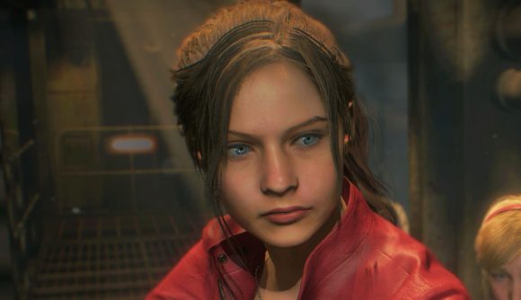 Resident Evil 2 fixed camera mod: a young woman with parted brown hair, a determined look on her face, and a red leather jacket