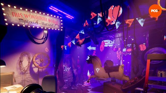 The garage in Reveil, lit in neon colors with glowing painted icons around the room.