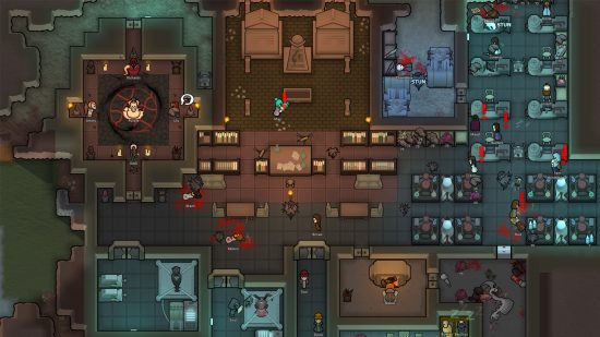 Rimworld Anomaly expansion - Screenshot of the new DLCfeaturing blood-strewn research labs and a cult performing a ritual.