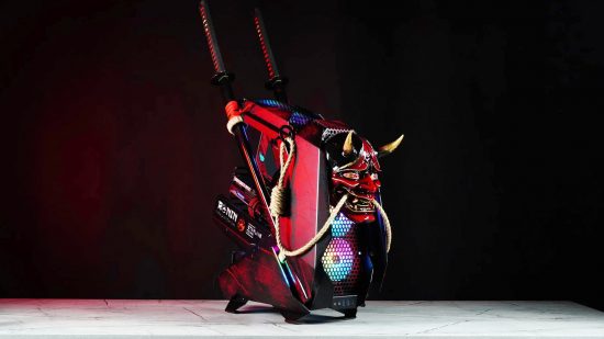 A Ronin PC build with a Samurai mask and Katanas coming out of it